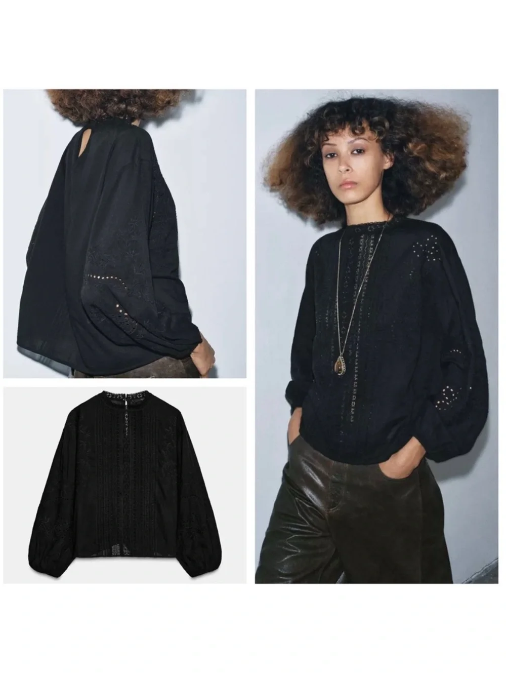 Zara Black Lace-Trim Long-Sleeve Blouse Top Sz:M Black
